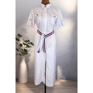 White Utility Shirt Dress Belted Cotton Midi Andre Tan Designer Large NWOT